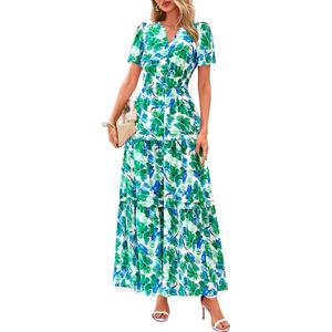 PRETTYGARDEN Women's 2026 Summer Boho Maxi Dresses Floral Short Sleeve V Neck A Line Tiered Flowy Long Beach Vacation Dress S 