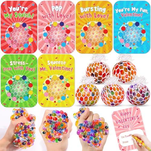 7 Pcs Valentines Day Gifts for Kids Classroom Fidget Stress Balls with Valentines Cards Stress Relief Toys Squeeze Ball for Kids Boys Girls School Exchange Cards Gifts Valentines Party Favors Prizes