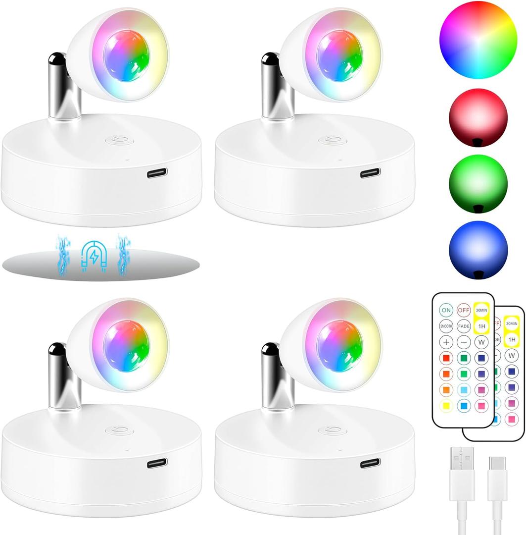 Rechargeable RGBW Spotlights Indoor Decor, 4 Pack Wireless Tree Spotlight Indoor, Picture Lights with Remote 13 Color Change Floor Uplight, Accent Lights for Plant Holiday Party