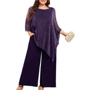 ZOMVA Plus Size Mother of the Bride Pant Suits Dressy 2 Piece Asymmetric Cape Set with Pockets Wedding Guest Outfit (Sparkly Drak Purple, XL)