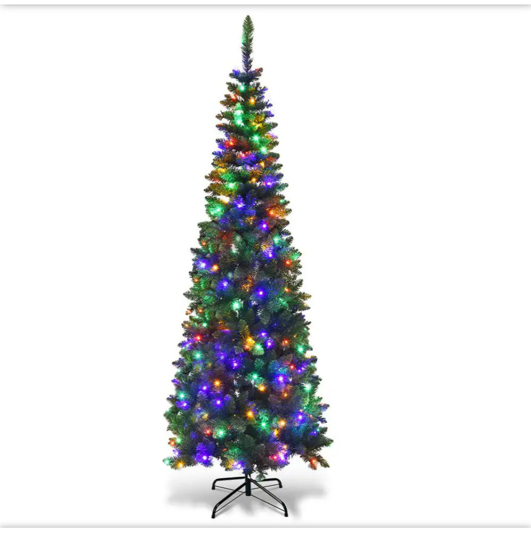 7.5 ft. Pre-Lit Hinged Pencil Artificial Christmas Tree with 350 Multi-Color LED Lights