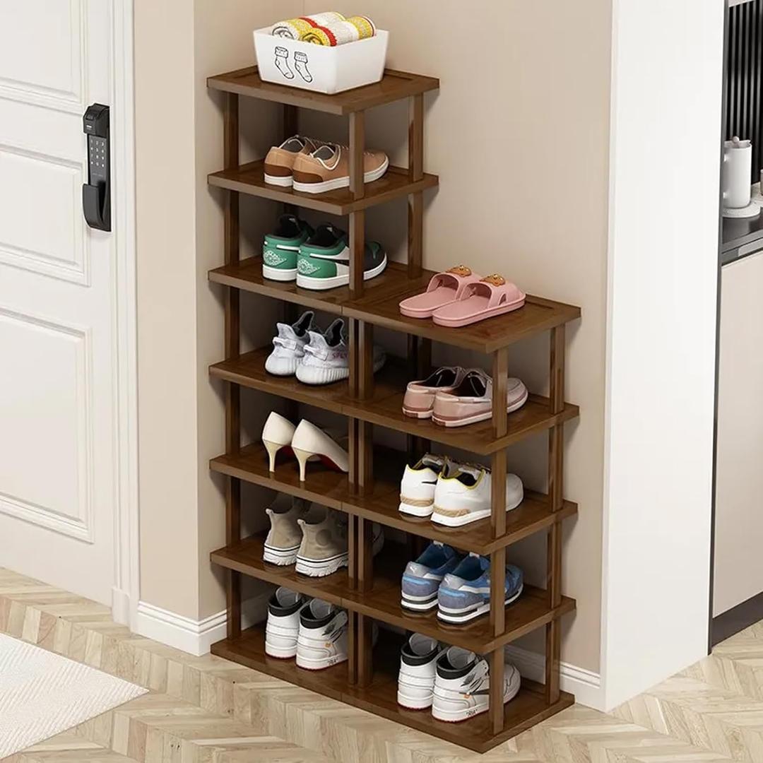 Vertical Shoe Rack-Tall Narrow Shoe Rack Organizer for Small Spaces,12Tier Bamboo Shoen Shelf for Entryway,Closet,Corner,Doorway,Skinny Shoe Shelf Space Saving Shoe storage,Free Stackable DIY (Brown)