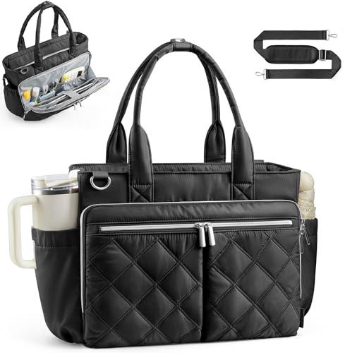 TOPEAST Teacher Tote Bags for Women, Lightweight 15.6 Inch Laptop Work Tote Bag, Quilted Black Nurse Bag with Cup Holder, Shoulder Handbag with Zipper for Office, School, Travel, Diaper