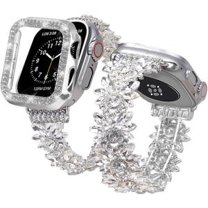 Bling Band and Case Compatible with Apple Watch Ultra 2/Ultra Band 49mm 45mm 44mm 42mm 41mm 40mm 38mm, Women Dressy Diamond Link Bracelet with Rhinestone Bumper Cover for iWatch SE 2/SE Series 9/8/7/6/5/4/3/2/1 (Silver)