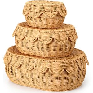 Set of 3 Scalloped Baskets with Lids 10/13/14 Inch Hand Woven Storage Wicker Baskets for Baby Shower Gifts Baby Diaper Caddy Organizer for Nursery Room(Paper Rope)