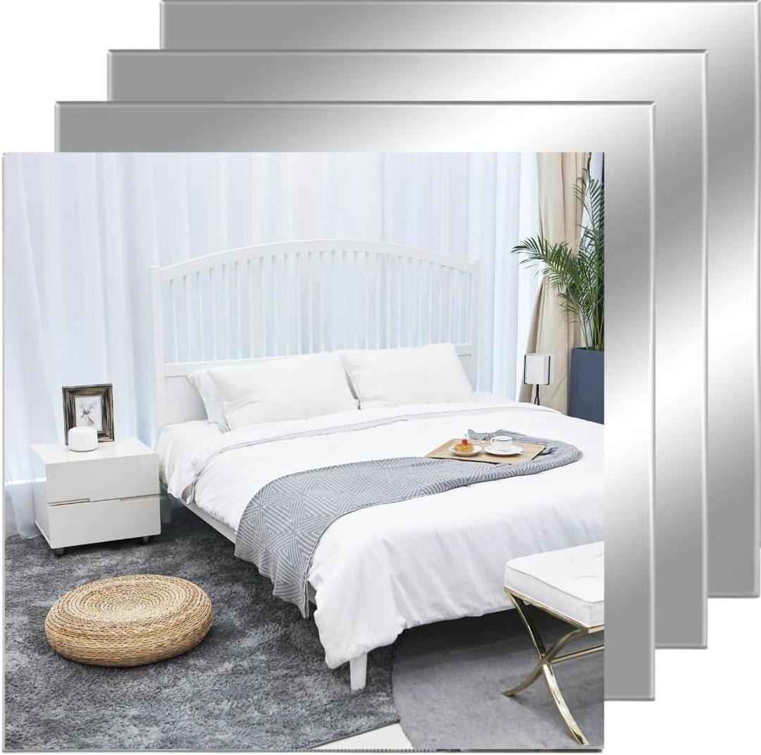 12" x 12" Acrylic Flexible Mirror Sheets, 4 Pack Self Adhesive Mirror Tiles Square Cuttable Mirrors Wall Stickers, Non-Glass Plastic Mirrors Stickers Safety Reflective for DIY Craft Home Wall Decor