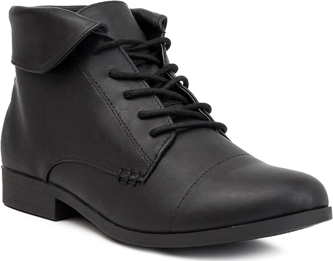 LONDON FOG Crissy Dress Ankle Boot Ladies Lace Up Bootie with Collar (7.5 Wide, Black)