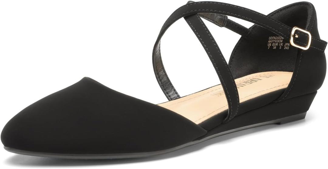 DREAM PAIRS Pointed Toe Low Wedge Heeled Ankle Strap Flats Shoes for Women Dressy Comfortable, Casual Slip-on Dress Shoes for Business Office and Work (9.5, Black-nubuck)