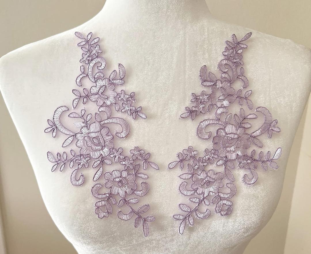 PEPPERLONELY 1 Pair Bridal Lace Flower Sew on Embroidered Lace Applique Wedding Dress Bride's Headdress Adornment DIY Patch Clothing Accessories, 22 x 10cm, Violet