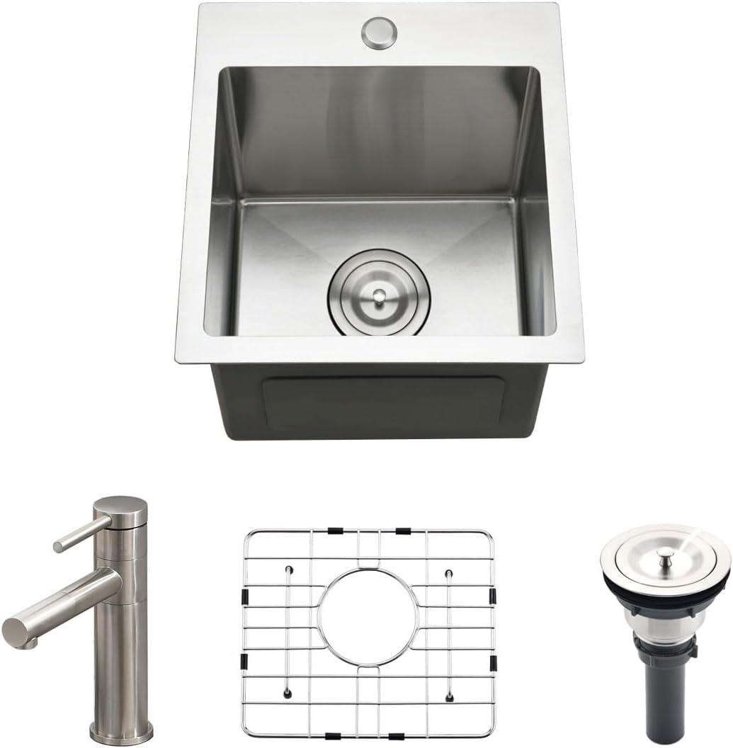 13 Inch Drop In Bar Sink with Faucet Combo - SZBAQTM 13"x15"x10" Stainless Steel Topmount Sinks 18 Gauge T304 Single Bowl Kitchen Sink with Pull-Out Faucet
