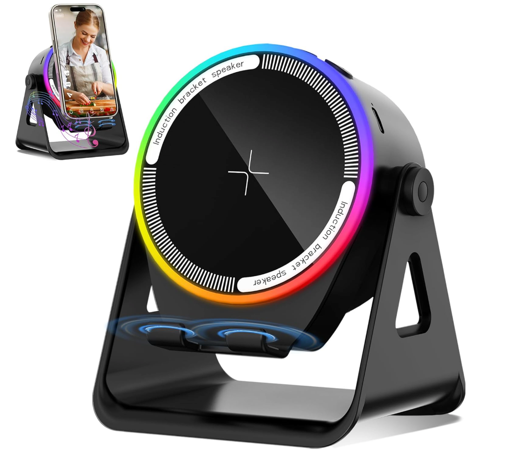 Wireless Induction Speaker, 5-in-1 Bluetooth 5.3 Phone Stand with 360° Rotation & RGB Ambient Light - Cool Tech Gadgets Gifts for Men Women Dad Mom - Compatible iPhone/Android/iPad/Samsung (Black)