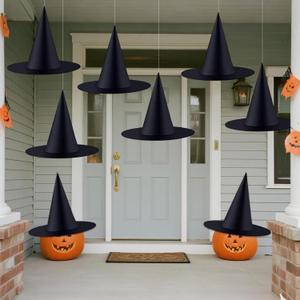 ZeeDix 8Pcs Halloween Witch Hats, Black HangingWitches Hat with 98 Ft Hanging Rope, Halloween Costume Accessories Party Decoration