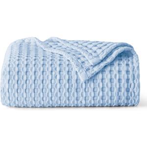 Bedsure Cooling Cotton Waffle Weave Throw Blanket - Lightweight Breathable Blanket of Rayon Derived from Bamboo for Hot Sleepers, Luxury Throws for Bed, Couch and Sofa, Blue, 50x70 Inches