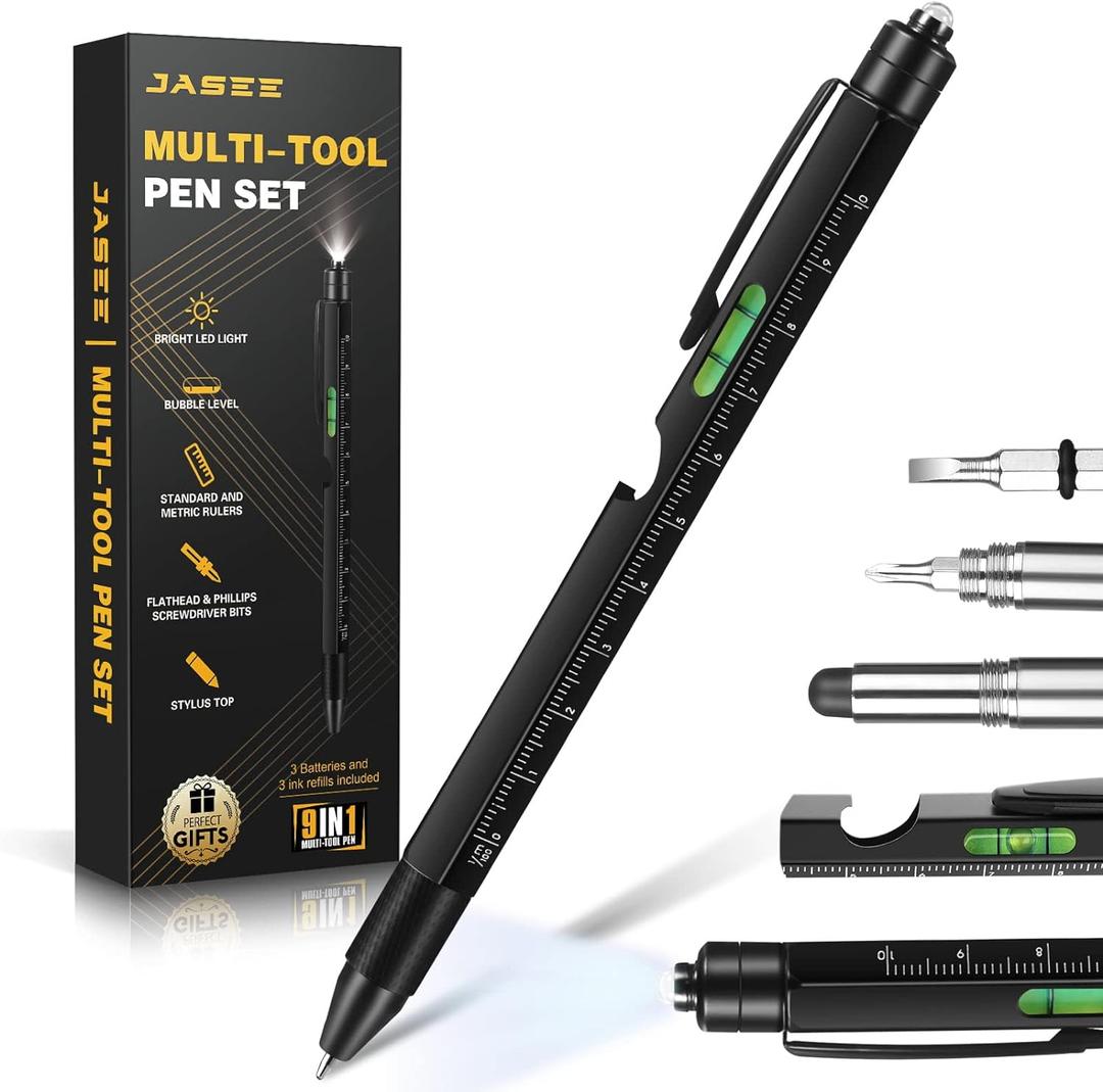 Christmas Stocking Stuffers Gifts for Men, White Elephant Gifts for Adults Dad Boyfriend Him Husband, 9 in 1 Multitool Tool Pen Set, Screwdriver, LED Light, Stylus, Bottle Opener, Ruler, Level(Black)