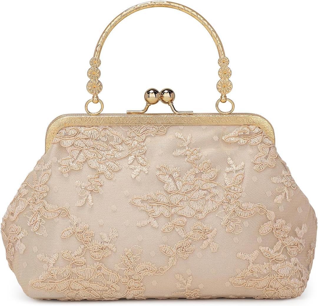 Vintage Embroidery Lace Floral Clutch Purse for Women Formal Evening Bag Kiss Lock Handbag Wedding Cocktail Party Purse (Champagne)