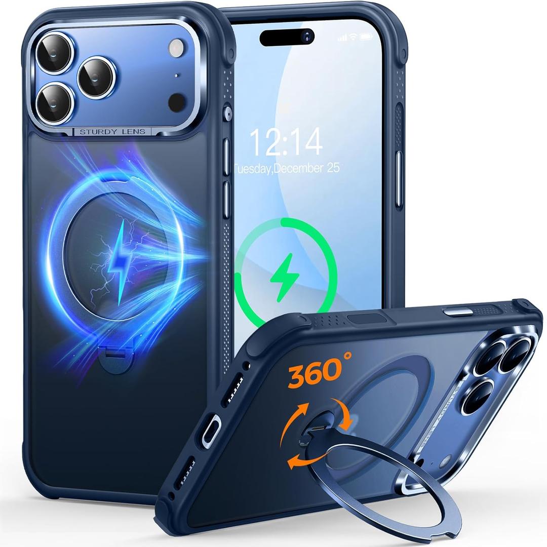 O3 Mag-Stand Designed for iPhone 17 Pro Max Case with 360 Spin Stand, [Compatible with MagSafe][Super Skin Feeling] Translucent Matte Magnetic Slim Phone Case 6.9 inch, Matte Blue