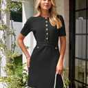 MEROKEETY Women's Summer Bodycon Sweater Dress Business Casual Outfis Short Sleeve Knit Button Formal Elegant Work Dress (Black), Large