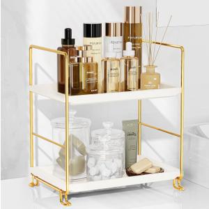 FSyueyun 2-Tier Bathroom Countertop Organizer, Tool-Less Installation Premium Plastics Makeup Shelf Organizer Perfume Skincare for Dresser Vanity Tray Organizers and Storage (Gold)