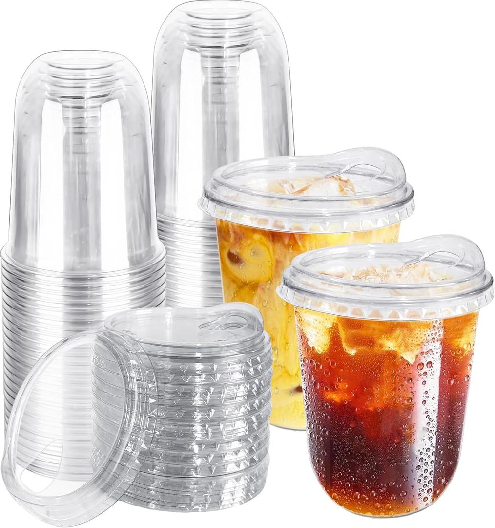 50 Pack Clear Plastic Cups with Strawless Sip Lids,16OZ Disposable Iced Coffee Cups,To Go Cup with Sip Through Lid for Smoothie,Bubble Tea,Cold Beverage,Wedding Party Drinks