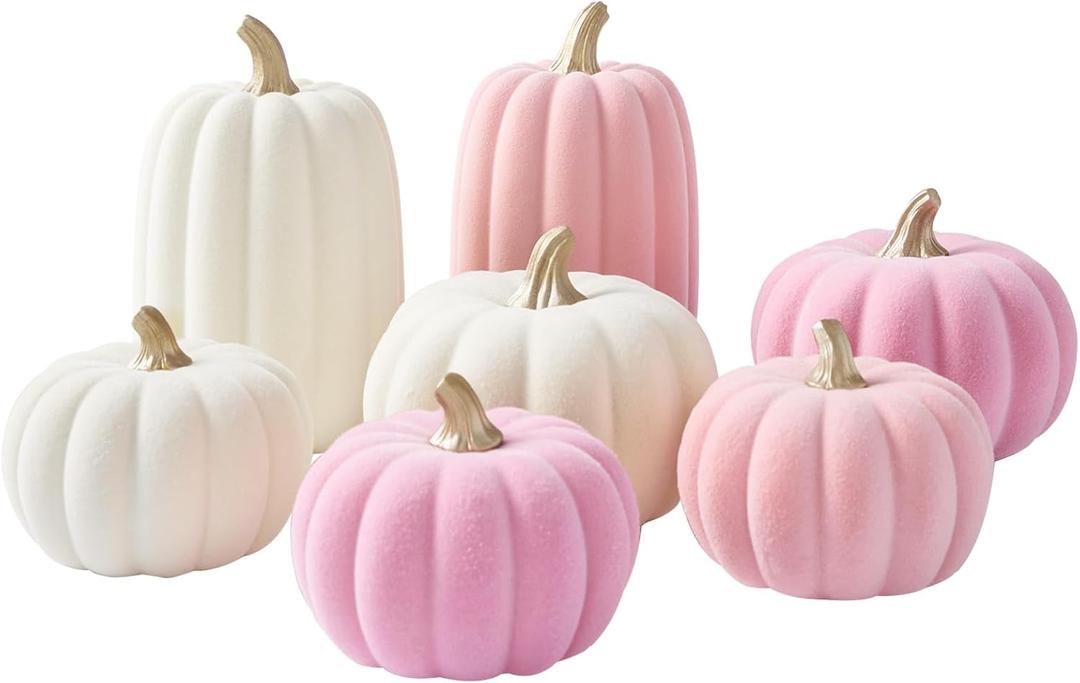 WDS WONDROUS Pumpkins Fall Decoration Thanksgiving Set 7 PCS, Resin Pink and Beige Flocked Pumpkins for Decorating, Artificial Pumpkins Set Gender Reveal Party Fall Decor Tabletop Centerpiece Mantel