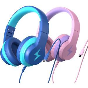 Kids Headphones for School 2 Pack, Upgrade USB C Headphones for Kids, Wired Headphone for Kid, HD Stereo Sound, Foldable Kid Over-Ear Headphone for Boys,Girls,iPad,PC,Tablets,Travel-Pink+Blue