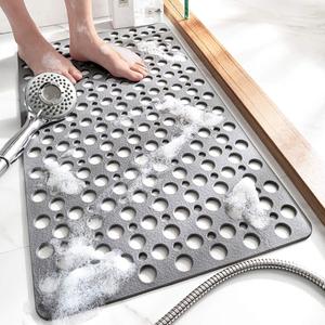 TEMIR Non Slip Bathtub Mat for Shower  Anti Skid Safety Mat with Strong Suction Cups, Quick Drain Holes, Machine Washable, Soft Bathroom Mat for Elderly & Kids, 30x17 in (75x43 cm) Gray