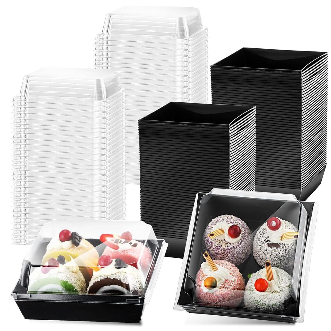 100 Pack Charcuterie Boxes with Clear Lids Valentine Gift 5 Inch Cookie Boxes Disposable Cake Case Paper Square Cookie Containers Dessert for Sandwich Slice Cake Hot Cocoa Bombs Strawberries(Black)
