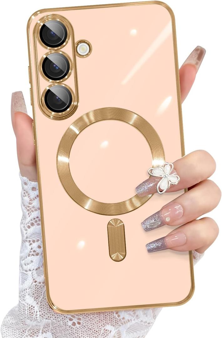 OOK Magnatic Case for Samsung Galaxy S25 Plus [Compatible with MagSafe] Full Camera Lens Protector Gold Electroplate Edge Soft TPU Shockproof Protective Phone Case for Women Girls - Pink