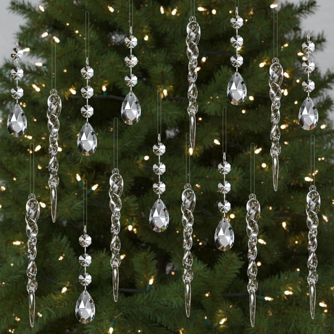 Qunclay 60 Pcs Clear Acrylic Icicle Christmas Tree Ornaments Crystal Ball Drops Clear Teardrop Chandelier Pendants Beads Set for Xmas Wedding Hanging Decorations