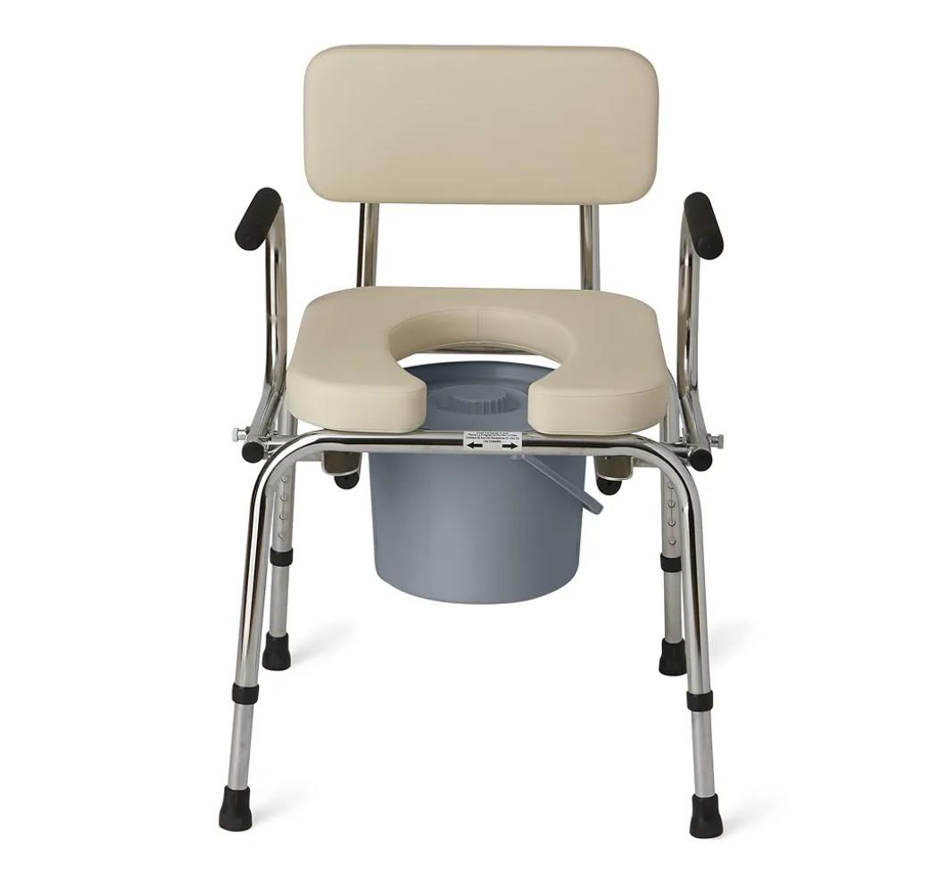 Medline Drop Arm Commode with Padded Seat and Backrest, Durable Toilet Chair for Adults and Seniors, Removable Pail, Splash Guard, Drop Down Arms for Easy Transfer, 350 lb. Weight Capacity, Tan