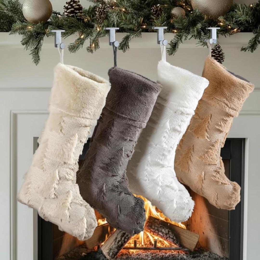 Newcotte 4 Pcs Neutral Christmas Stockings 20 Inch Large Faux Fur Farmhouse Plush Stocking Farmhouse Xmas Decorations Hanging Ornaments for Rustic Christmas Home Decor Gift Bags(Neutral Color, Tree)