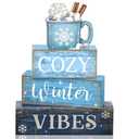 Lineshading 4 Pcs Winter Table Decoration Wooden Hot Cocoa Decor Winter Tiered Tray Decor Christmas Centerpiece Rustic Decorative Hot Cocoa Block Sign Farmhouse Christmas Decoration for Home Kitchen, Blue
