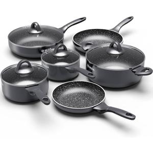 Induction Cookware Pots and Pans Set 10 Piece, BEZIA Dishwasher Safe Nonstick Cooking Pans, Stay-Cool Bakelite Handle, Scratch Resistant Kitchen Sets with Frying Pans, Saucepans & Stockpot (Black)
