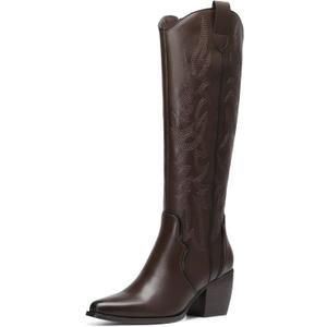 DREAM PAIRS Womens Cowboy Boots Wide Calf Comfortable Pull On Zipper Chunky Heel Pointed Toe Embroidered Western Cowgirl Knee High Boots Ladies Retro Tall Boot (8.5)