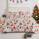 3-Piece Christmas Quilt Set Queen/Full Size Cozy Xmas Snowman Bedding Sets Soft Christmas Tree Bedspread, Holiday Santa Quilt Coverlets Set for Home Decoration with 2 Pillow Shams,Red Green