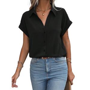 Avanova Women Button Down Short Sleeve Shirt Blouse V Neck Work Business Top, XL, Black