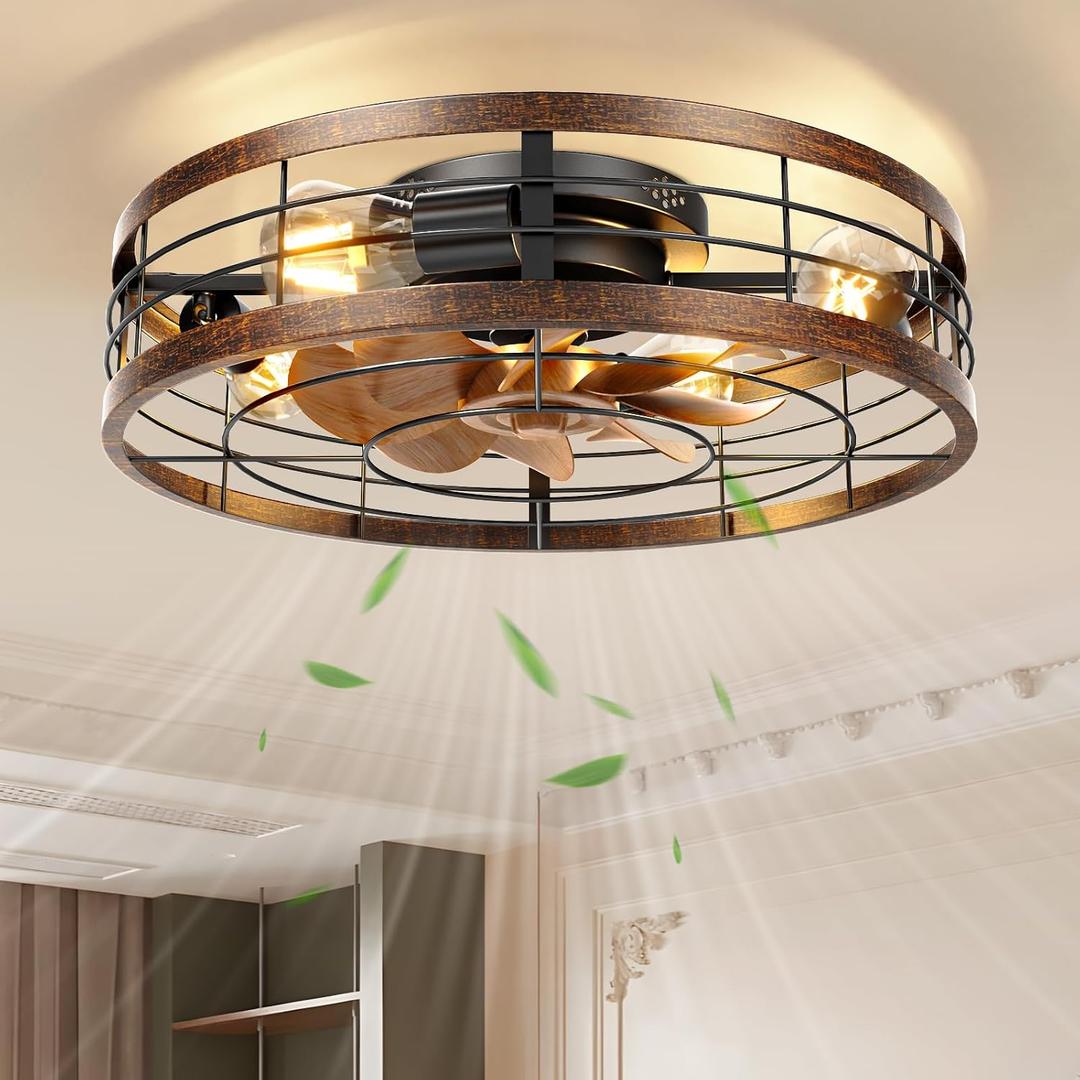 VOLISUN Farmhouse Caged Ceiling Fans with Lights Flush Mount, 19.7'' Rustic Low Profile Ceiling Fan with Light and Remote, Bladeless Fandelier Ceiling Fans with Lights for Kitchen, Bedroom-Gold