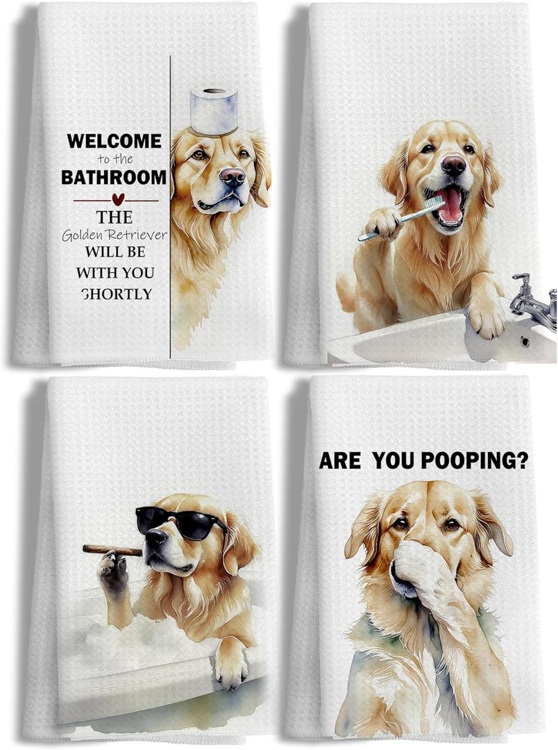 Funny Golden Retriever Gifts Bathroom Hand Towels Set of 4 | Golden Retriever Dog Gifts for Women, Dog Bathroom Restroom Decor, 16x24 Inch