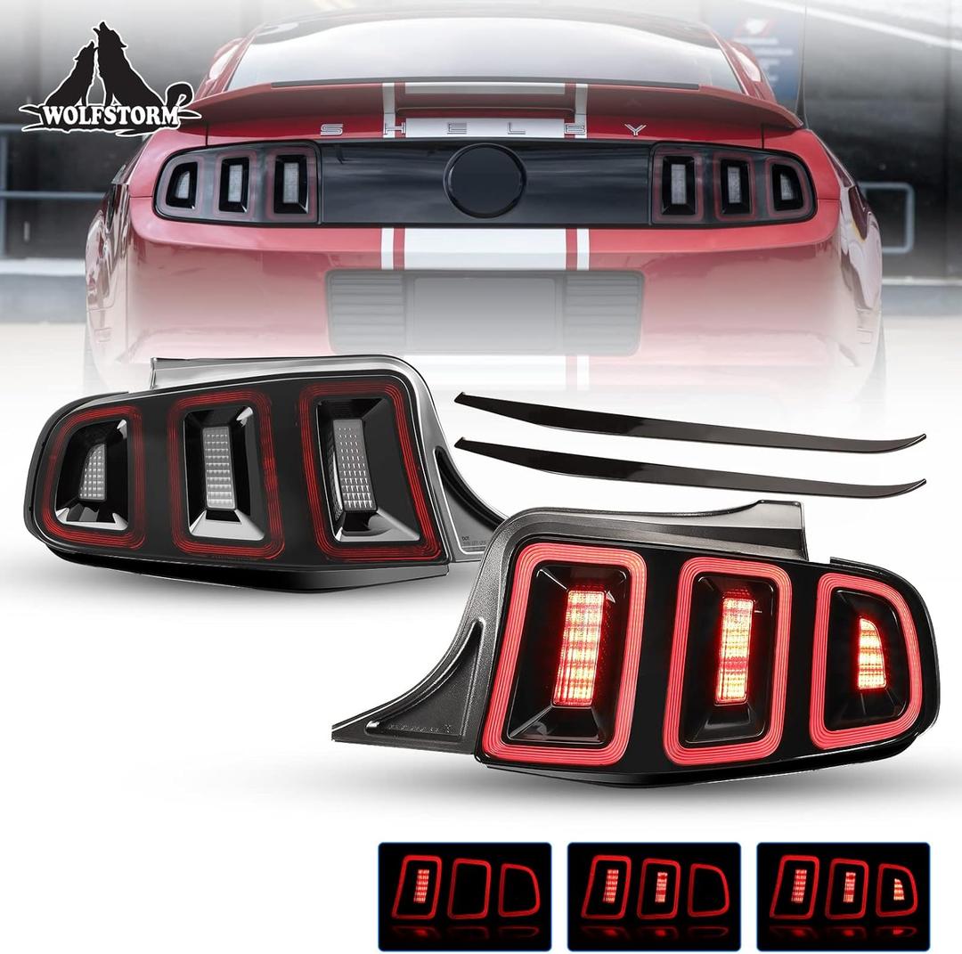 WOLFSTORM LED Tail Light Fit for 2010 2011 2012 2013 2014 Ford Mustang with Dynamic Running Turn Light Design, 10-14 Ford Mustang Tail Light Replacement Assembly,1 Pair (Black Red)