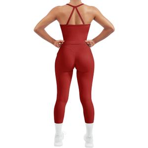 SUUKSESS Women 2 Piece Workout Sets Compression Tummy Control Leggings with Pockets Halter Built in Bra Tank Tops (Medium, Red)
