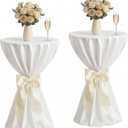 Mindsoft 2 Set 108'' Dia Satin Cocktail Table Covers with Bow Ribbon, for 24 x 43 Inch, White Round Cocktail Table Cloth, for Bar Wedding Pub Bistro Highboy Party Banquet