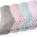 Revosoxs Fuzzy Grip Socks for Women Men, Thick Warm Slipper Cozy Fluffy Non Slip Ankle Hospital socks With Grips(Pink+Grey+Green+Purple)
