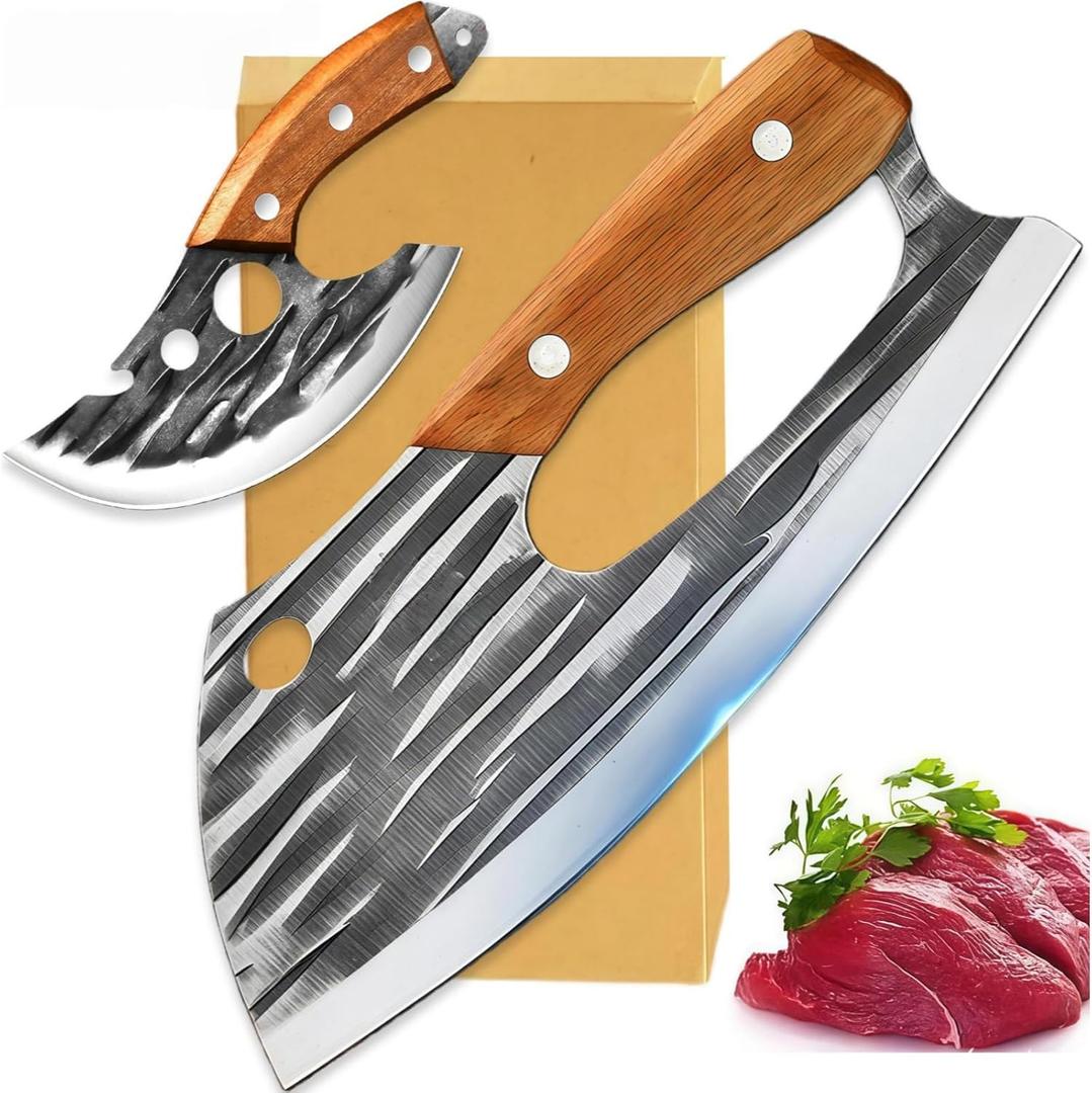 2 Pcs Meat Cleaver Knife Set, Effort Saving Meat Cleaver for Cutting Meat Vegetable, Sharp Carbon Steel Cooking Viking Knife with Leather Sheath for Kitchen, Camping, Outdoor Cooking, BBQ Gift, 8.3in