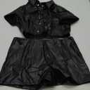 Leather Shorts Sets Women 2 Piece Outfits Sexy Faux Pu Short Sleeve Button Crop Top and Shorts Party Club Night (Black, XL)