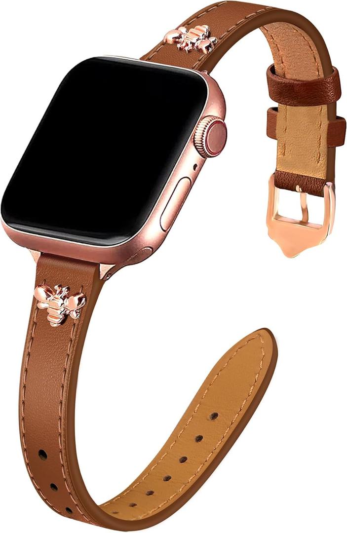 JR.DM Slim Leather Bands Compatible with Apple Watch Band 38mm 40mm 41mm 42mm 44mm 45mm 46mm 49mm, Genuine Leather Band with Charms, Feminine Design for Iwatch Ultra SE Series 11 10 9 8 7 6 5 4 3 2 1
