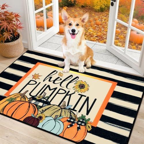 Ileading Fall Door Mat 32"x48", Hello Pumpkin Doormat, Washable Non Slip Welcome Mats for Front Door, Autumn Harvest Thanksgiving Entry Mat Indoor Outdoor Low Profile Floor Mat for Entryway