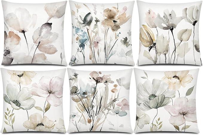 COMMINY Brown Grey Floral Pillow Cover 18x18 Set of 6 Watercolor Throw Pillow Covers Square Cushion Covers for Couch Sofa Living Room Home Decor