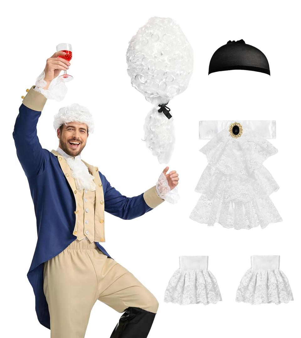 Founding Fathers Costume Colonial Style Judge Wig Lace Jabot and Cuffs Set, Perfect for Halloween, Cosplay, Party (White)