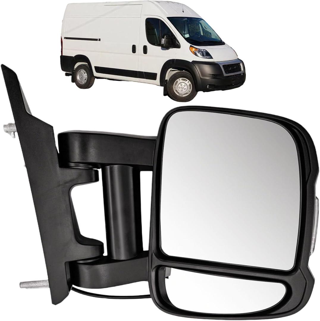 Right Passenger Side Extended Long Arm Mirror Assembly 8Pins Compatible with Ram Promaster 1500 2500 3500 20142023 Power Heated Glass Turn Signal Light Manual Folding, No blind spot