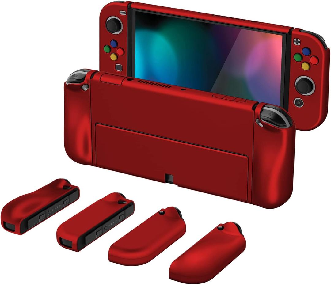 PlayVital AlterGrips Protective Slim Case for Nintendo Switch OLED, Ergonomic Grip Cover for Joycon, Dockable Hard Shell for Switch OLED w/Thumb Grip Caps & Button Caps (Scarlet Red)